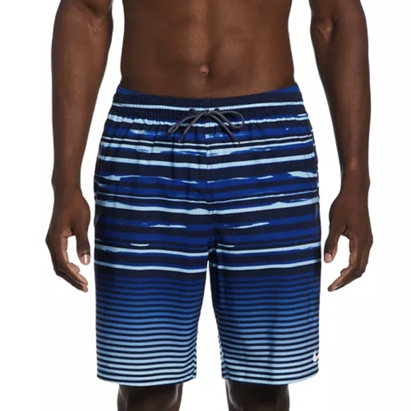 Nike Men's XXL Navy Blue Fade Striped Breaker 9"  Swim Trunks w/lining NWT - Picture 1 of 8